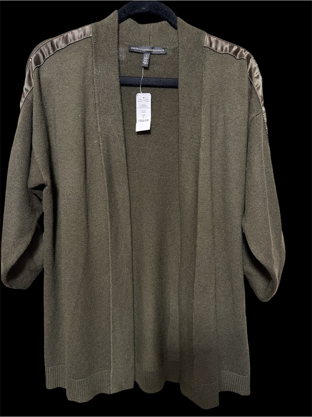 White House Black Market Olive Satin-Trim Open Cardigan
